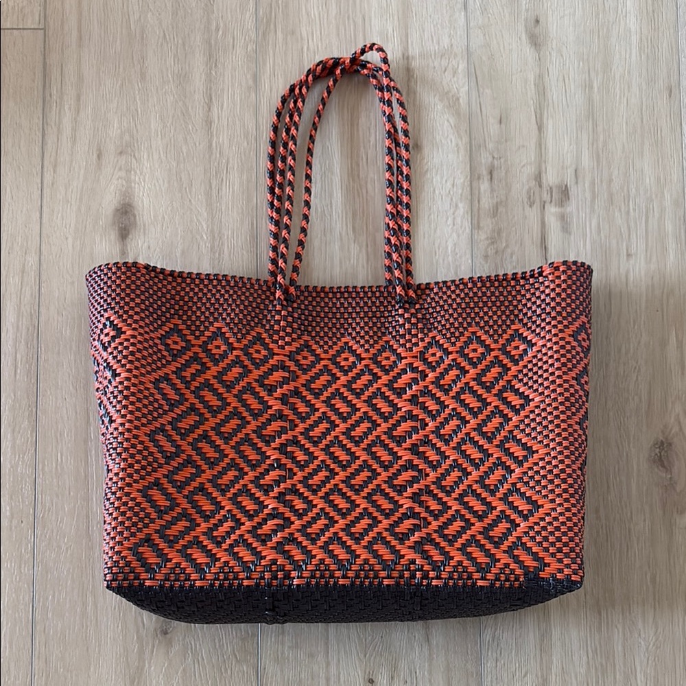 Geometric Patterned Tote Bag - Orange and Black Mexico plastic weave